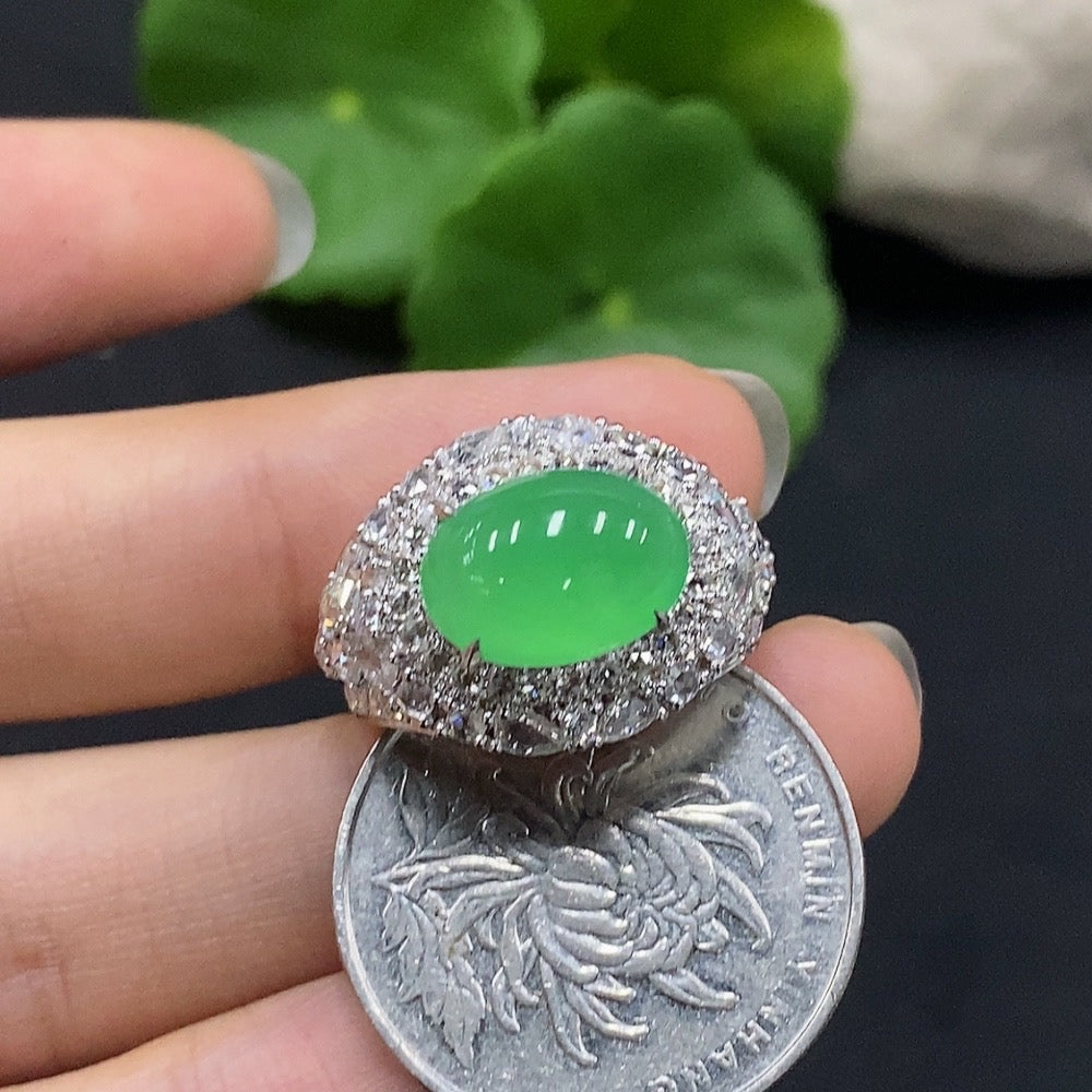 Jadeite Cabochon Ring with 18K Gold, Size 15, Accented with Diamonds, Total Weight Approx. 7.7g