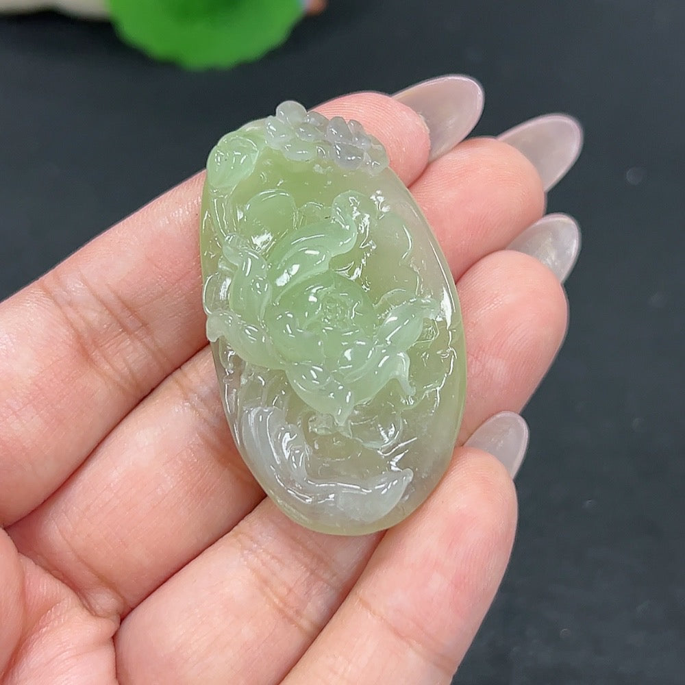 HKHQ Hetian Jade Pendant with floral design, weighing 19.3g, showcasing intricate craftsmanship and vibrant jade colors.