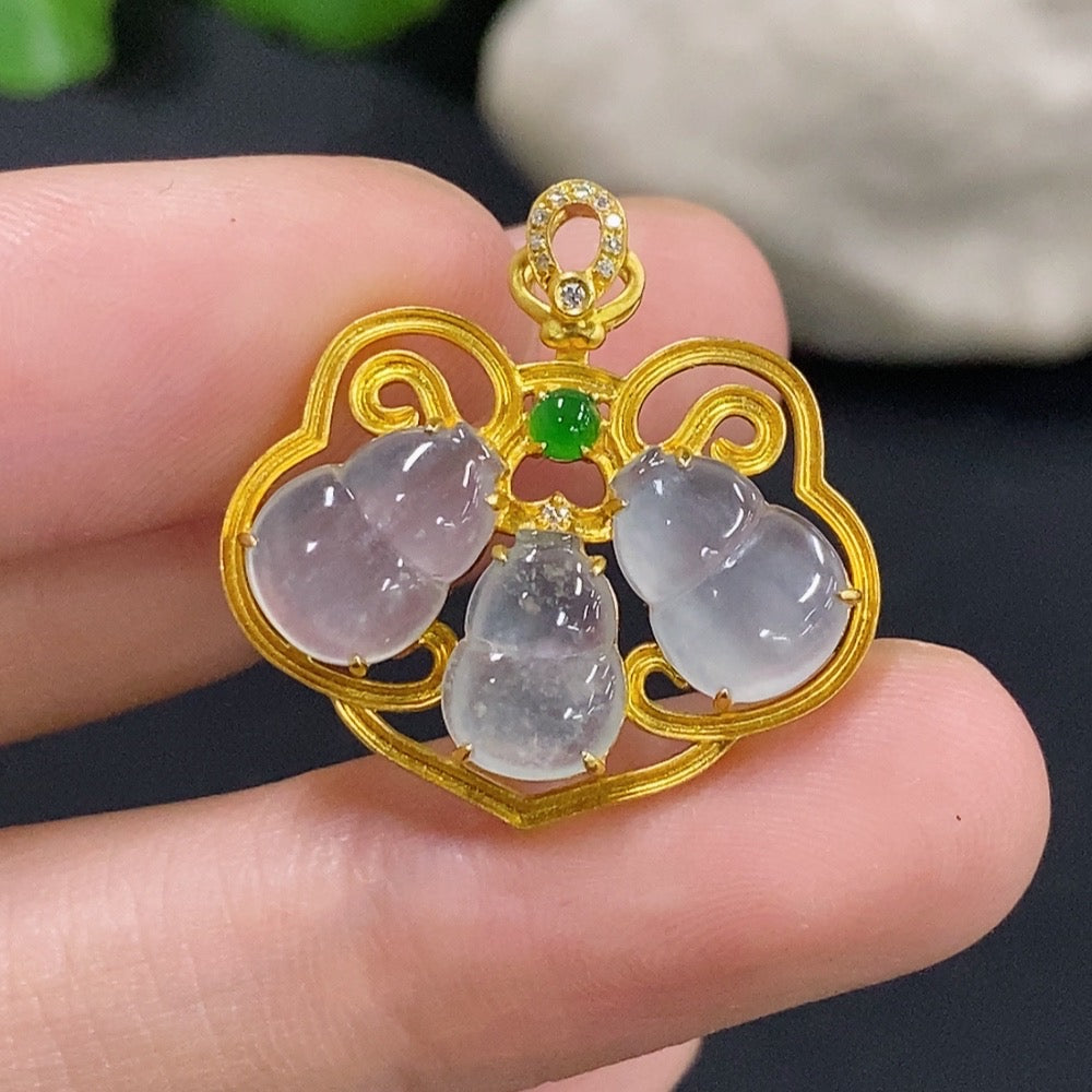 Jadeite Gourd Inlaid Pendant with 18K Gold and Diamond Accents