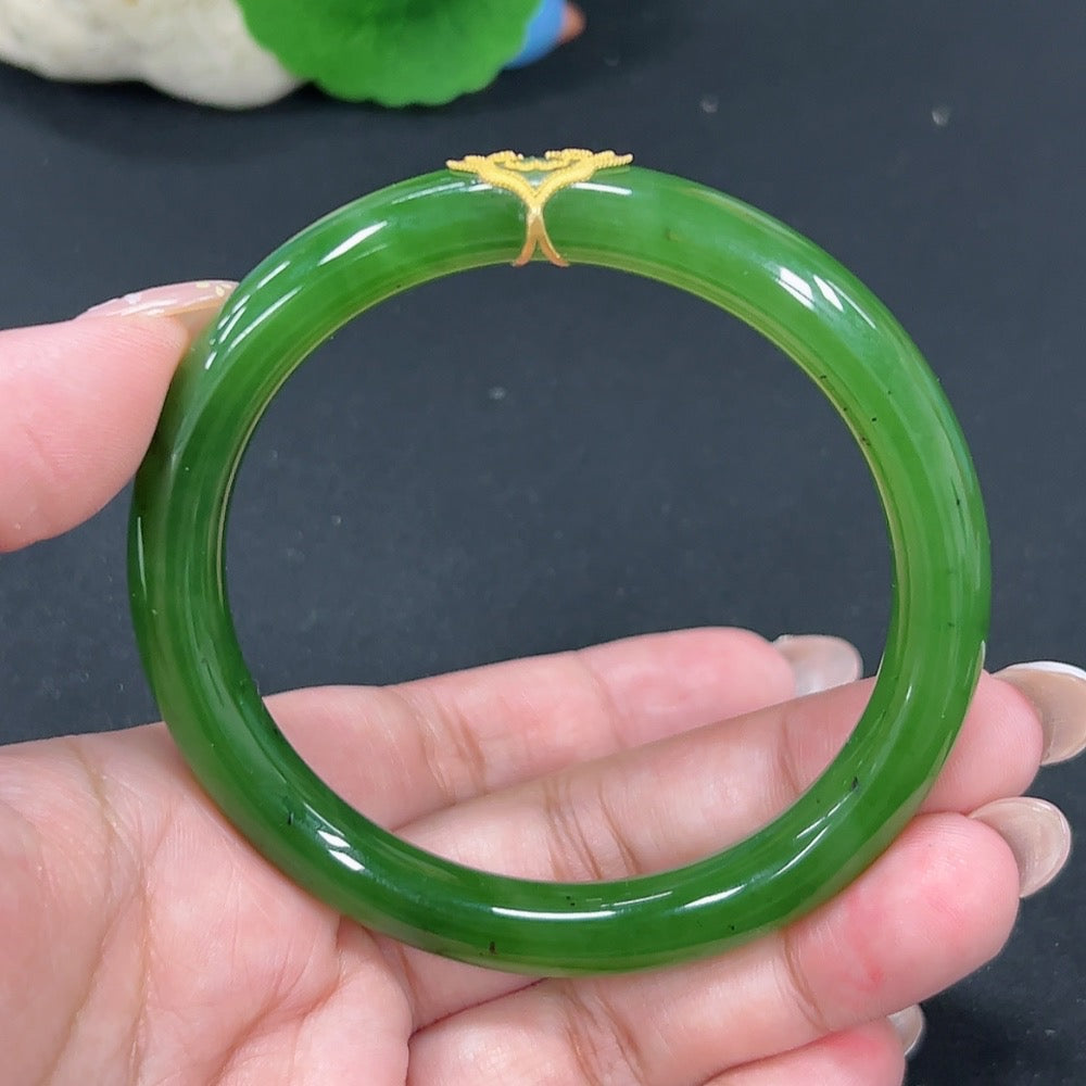 Hetian jade jasper inlaid round bangle with 18k gold, size 59.5, weighing approximately 41.1g, crafted by HKHQ.