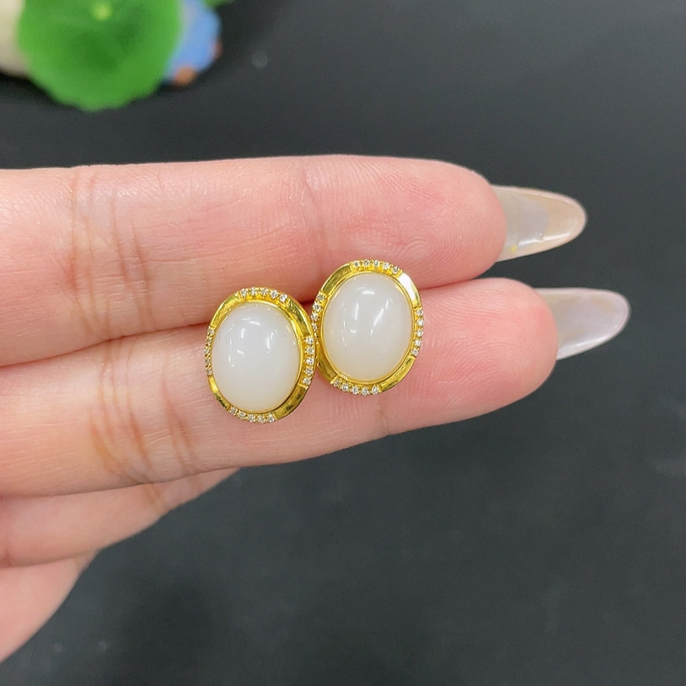 Hetian Jade Inlaid Earrings Total Weight Approx. 3.5g 18k with Diamond Accents
