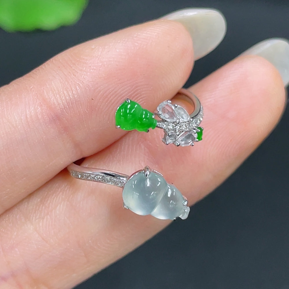Jadeite ring by HKHQ with 18k gold and small diamond accents, size 15, featuring intricate jade gemstone design.