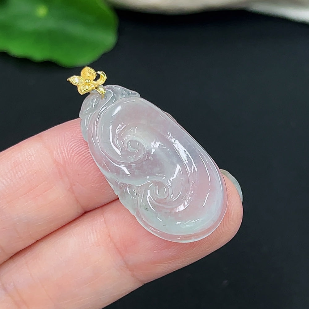 Jadeite Ruyi pendant with 18K gold setting, showcasing intricate design, weight approx. 4.8g, jewelry necklace from HKHQ.