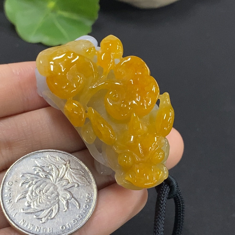 Jadeite Pixiu pendant from HKHQ featuring a detailed jade Pixiu figure, weighs approximately 44.16g, with a smooth, polished surface.