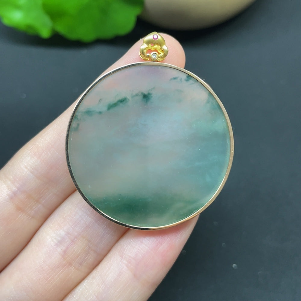Jadeite round pendant with diamond accents on 18K gold chain, elegant jewelry necklace by HKHQ