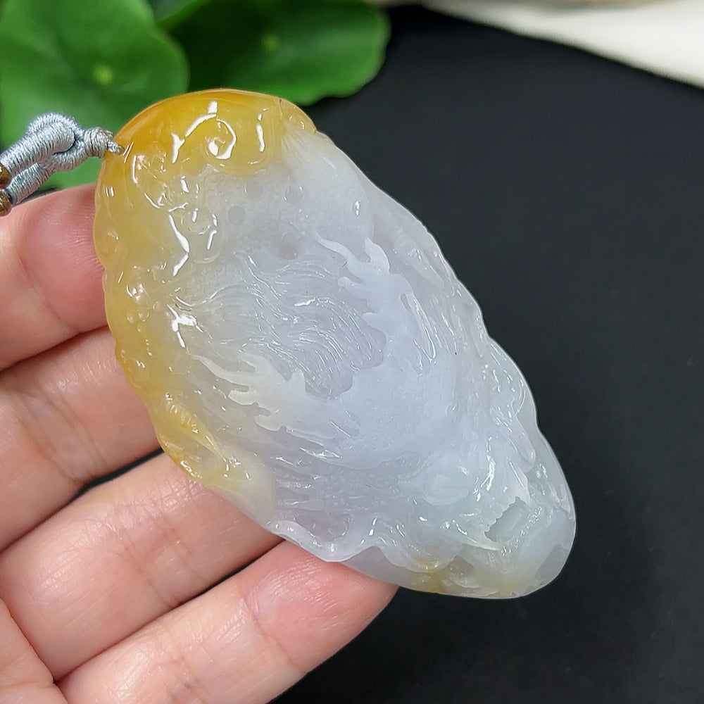 Jadeite dragon pendant from HKHQ, featuring a carved jade dragon with rope, weighing approximately 53.8g, in green jade color.