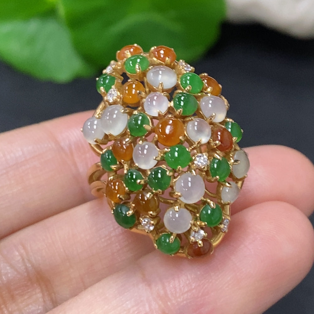 HKHQ jadeite cabochon ring with diamond inlays, 18K gold, size 17, featuring a polished jadeite stone and elegant gold setting.