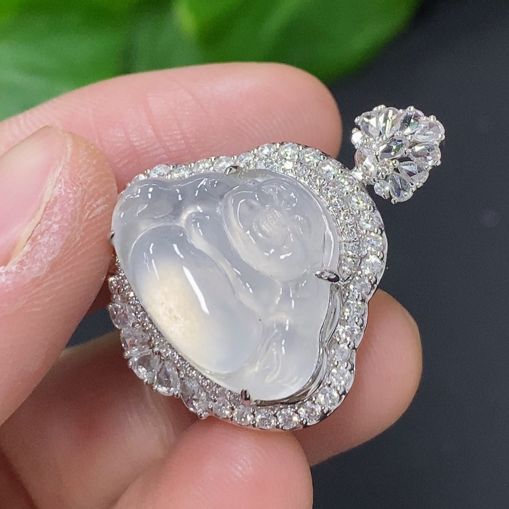 Jadeite Buddha Pendant with 18K Gold Setting, Total Weight Approx. 7.7g (Accented with Diamonds)