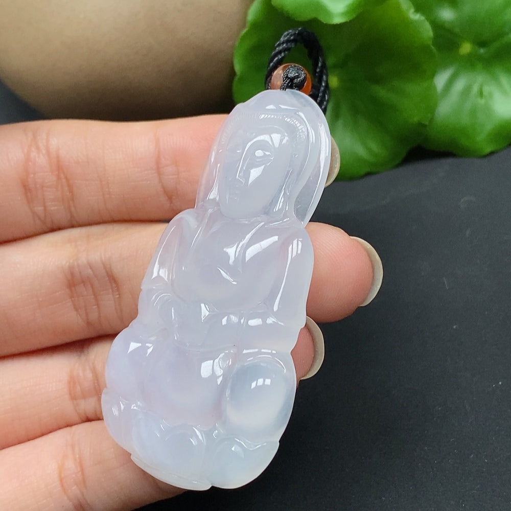 Jadeite Guanyin pendant necklace from HKHQ, intricately carved, weighing approximately 20.56g, showcasing detailed craftsmanship.