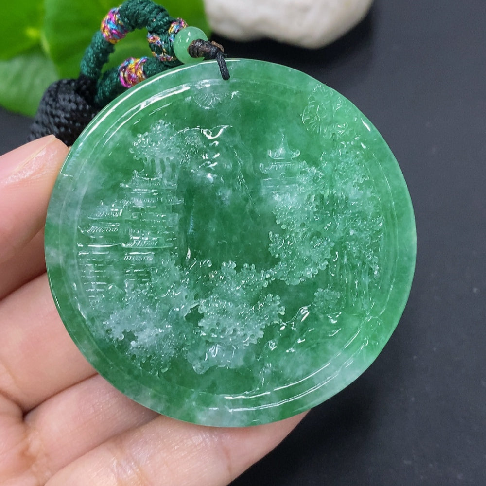 Jadeite landscape pendant necklace with cord, featuring a detailed jadeite pendant weighing approximately 66.1g, from HKHQ.