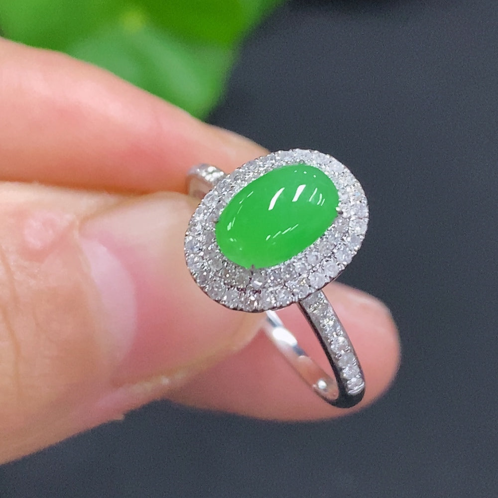 Jadeite Cabochon Inlaid Ring 18K Gold Size 15 Total Weight Approx. 2.1g (With Diamond Accents)
