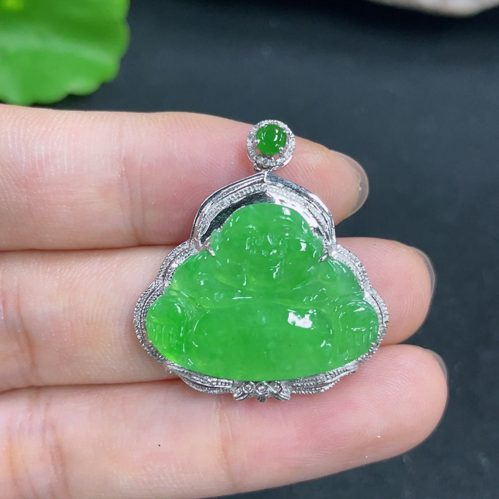 Jadeite Buddha Pendant with 18K Gold and Diamond Accents