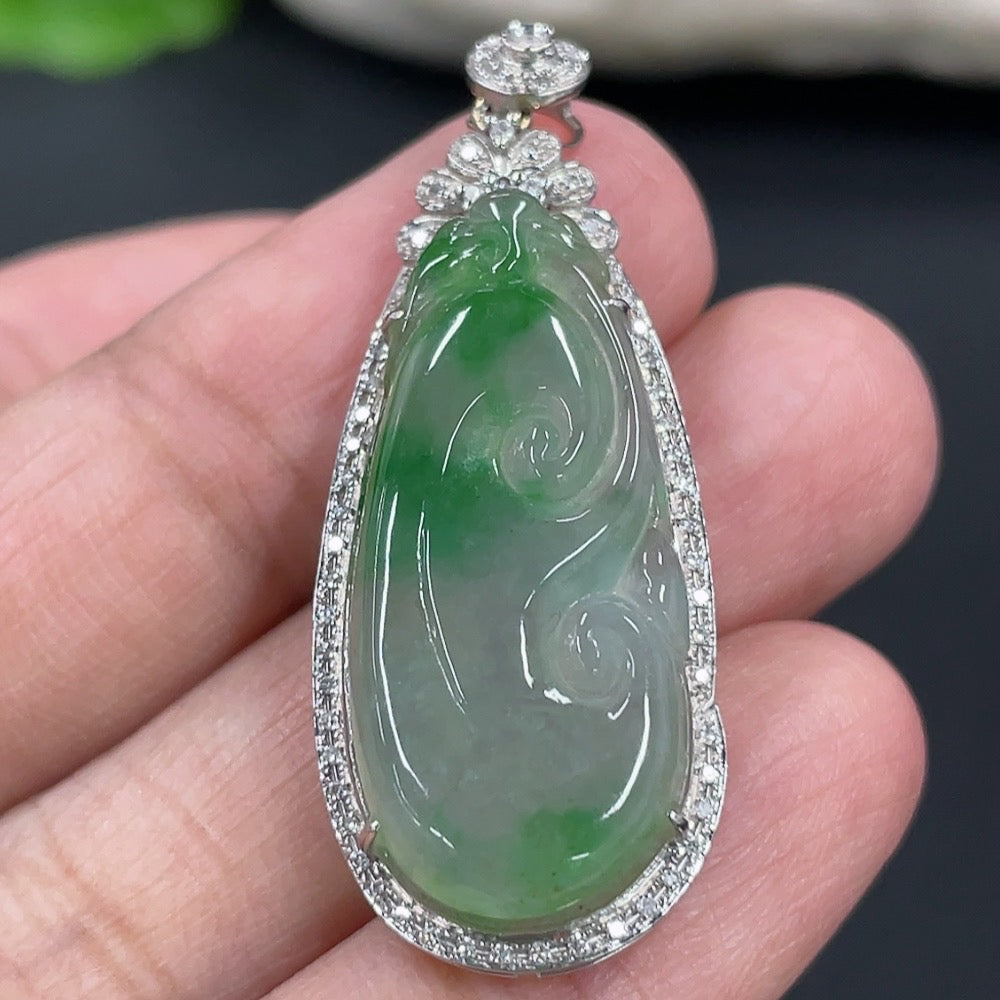 Jadeite Ruyi Inlaid Pendant 18K Gold (With Diamond Accents)