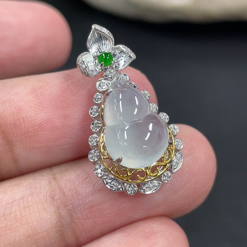 Jadeite gourd pendant with 18K gold and diamond accents, delicate necklace from HKHQ featuring intricate design.
