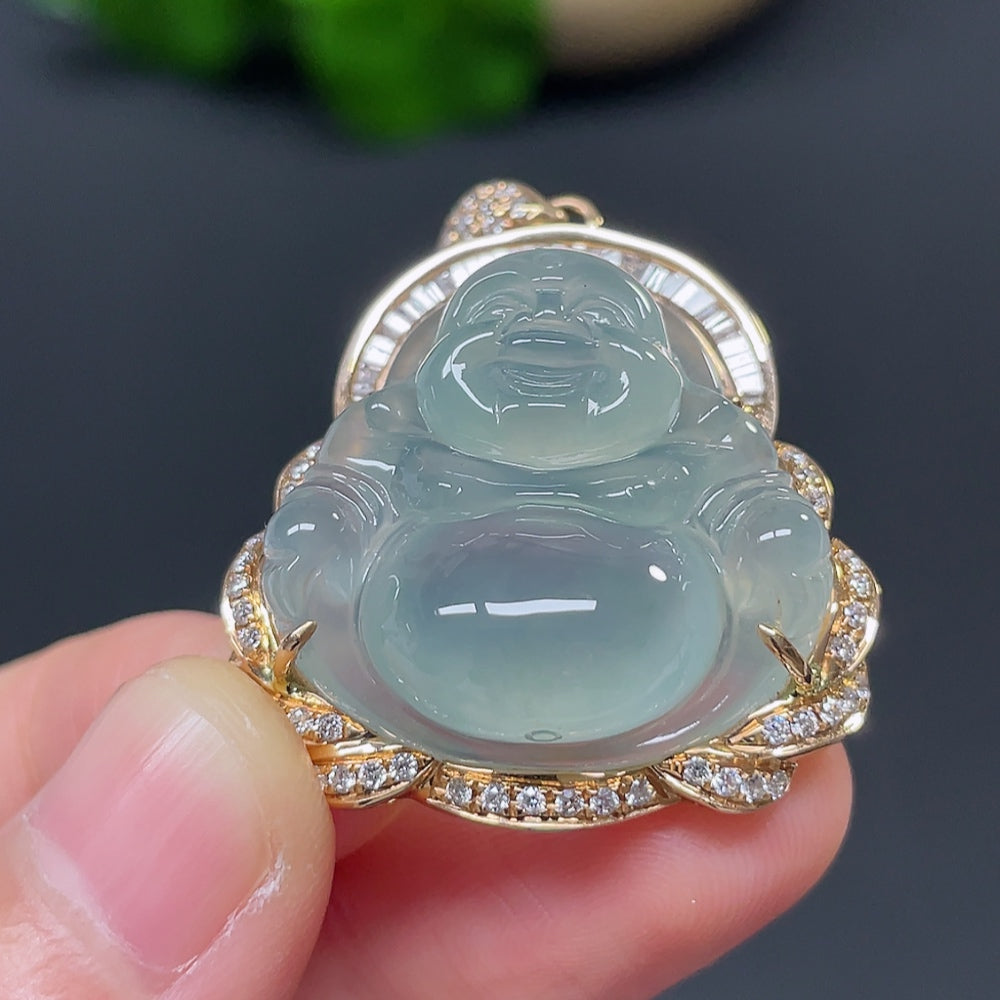 Jadeite Buddha Pendant with 18k Gold and Diamond Accents, Total Weight Approximately 11.47g