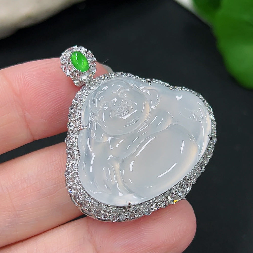 Jadeite Buddha Pendant with 18K Gold Mount, Total Weight Approx. 11.2g (Diamond Accented)
