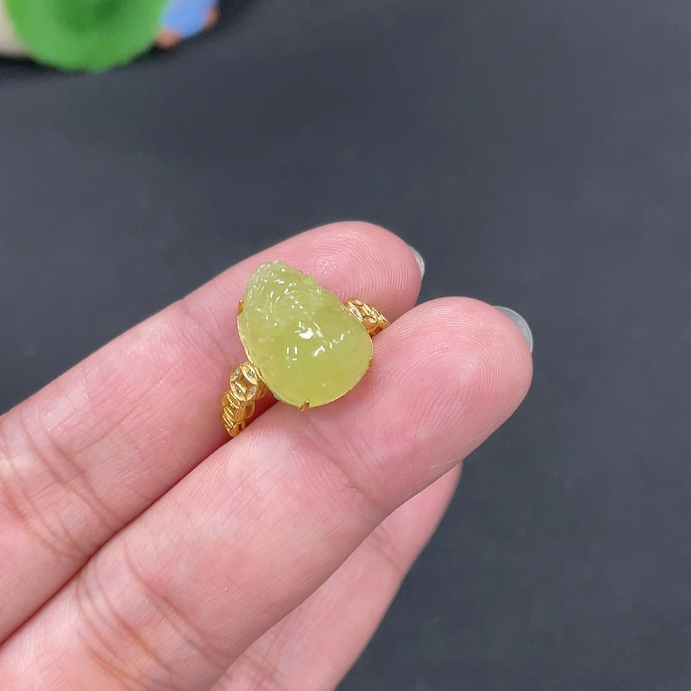 Hetian Jade Inlaid Ring Pixiu Size 13 Total Weight Approx. 2.7g 18k Non-Diamond