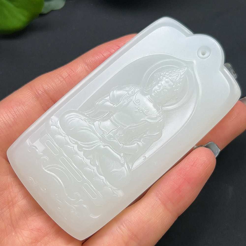 Hetian Jade Guanyin pendant necklace by HKHQ, detailed jade carving featuring the Guanyin figure on a necklace chain.