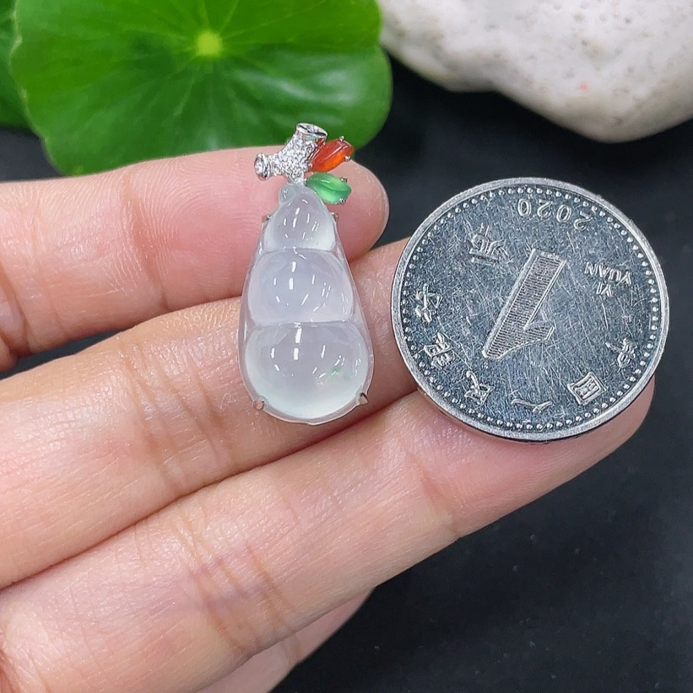 Jadeite inlaid lucky bean pendant, 18k gold with diamond accents, yellow bead color origin undetermined