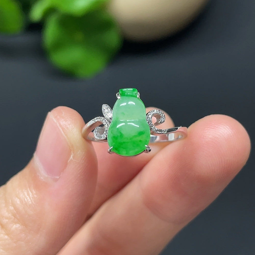 Jadeite gourd inlay ring by HKHQ featuring 18k gold and diamond, size 17, with intricate jade design and sparkling accents.