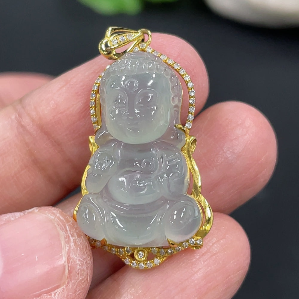 Jadeite Baby Buddha Pendant with 18K Gold and Diamond Accents