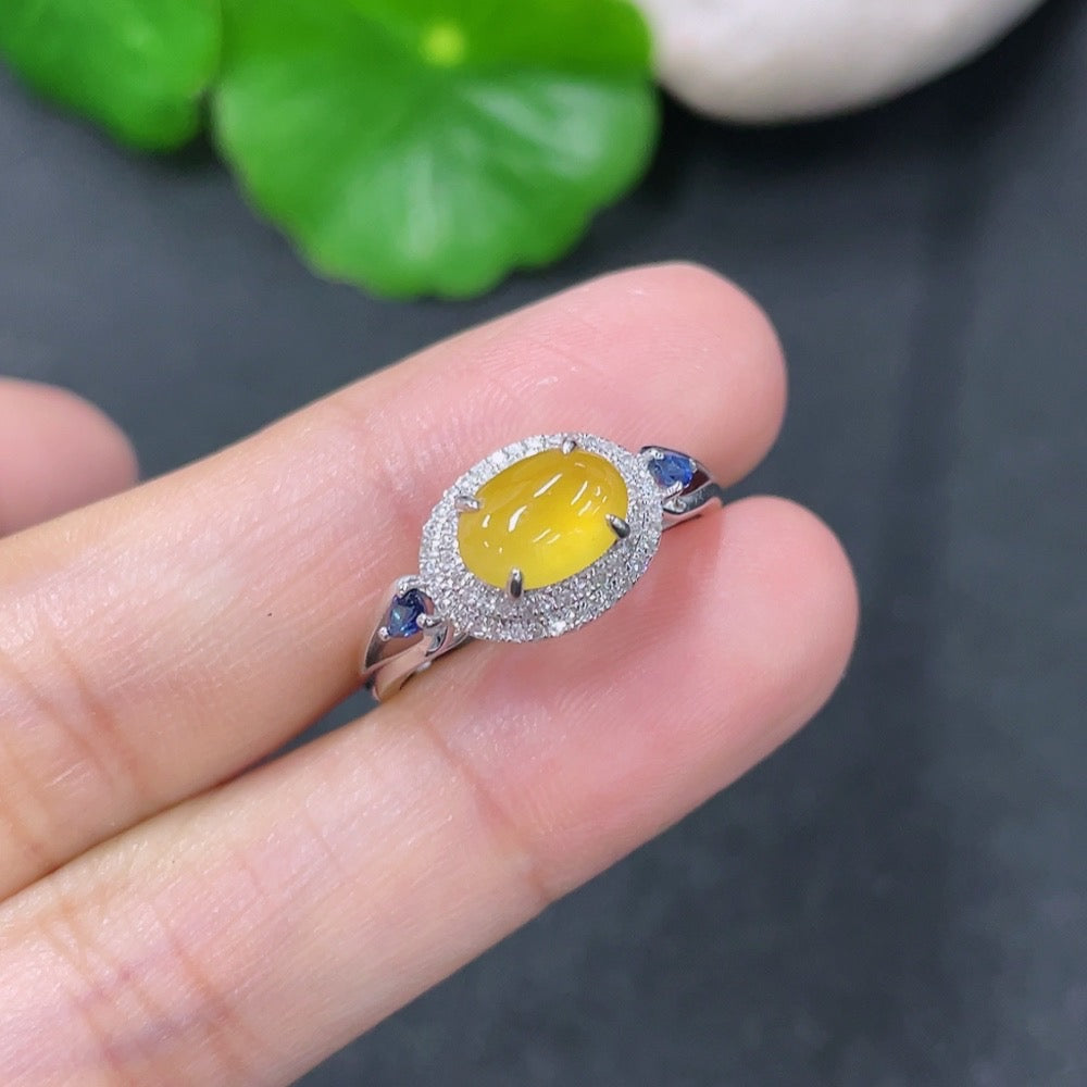 HKHQ jadeite inlaid ring with 18k gold and colorless diamonds, size 13, featuring intricate jade jewelry design.