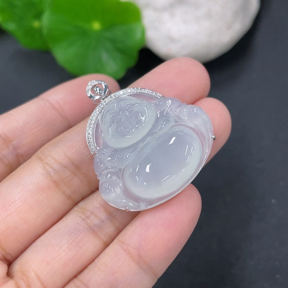 Jadeite Pendant Buddha with 18k Gold and Diamond Accents, Total Weight Approx. 6.75g