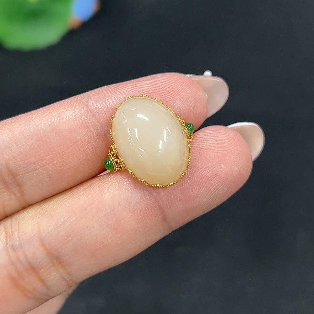 Hetian Jade Inlaid Ring Size 13 Total Weight Approx. 3.4g 18k
