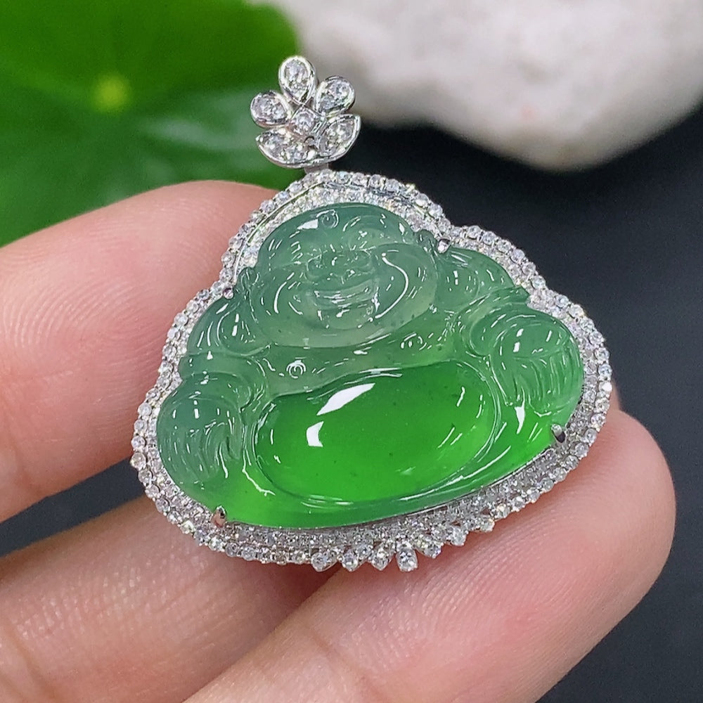 Jadeite Buddha Inlaid Pendant 18K Gold Total Weight Approx. 4.4g (With Diamond Accents)