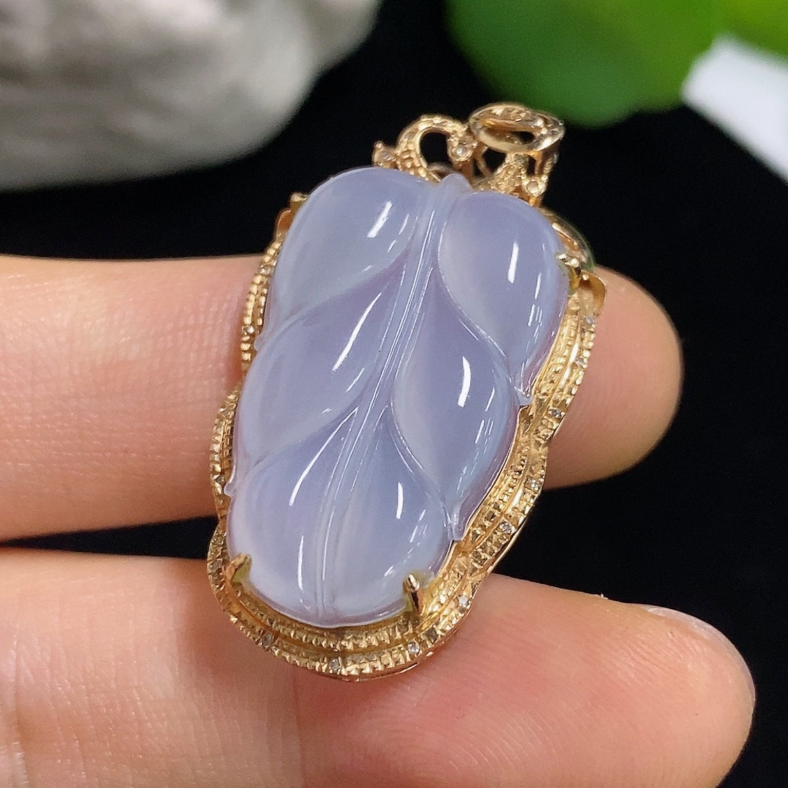 Jadeite Leaf Inlaid Pendant with 18k Gold and Diamond Accents