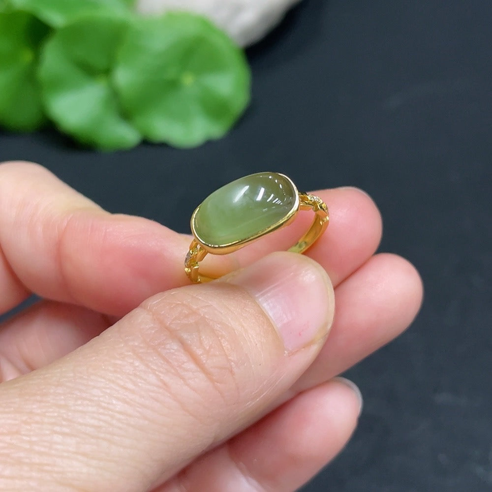 Hetian Jade Inlaid Ring with Diamond Accents, Size 14, 71% Gold Content, Total Weight Approx. 1.8g
