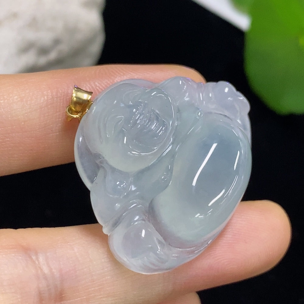 Jadeite Buddha pendant with 18k gold accents, weighing approximately 13.46g, featuring intricate carved design and smooth jade surface.