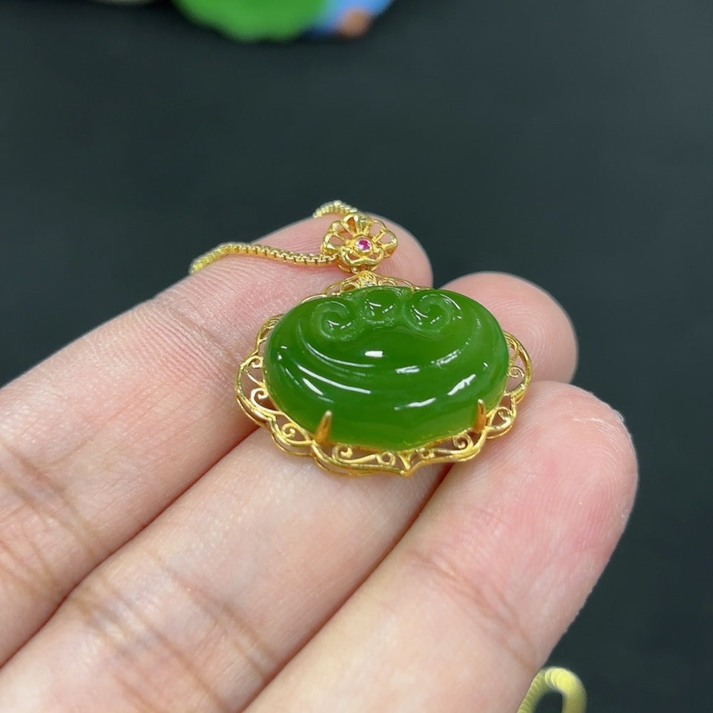 Hetian Jade Jasper Ruyi pendant necklace by HKHQ featuring inlaid jade and intricate design.