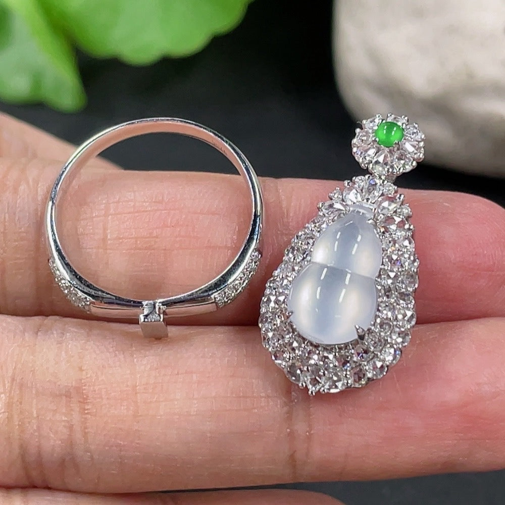 Jadeite Gourd Inlaid Pendant Ring Dual-purpose Style, 18K Gold Inlaid with Diamond