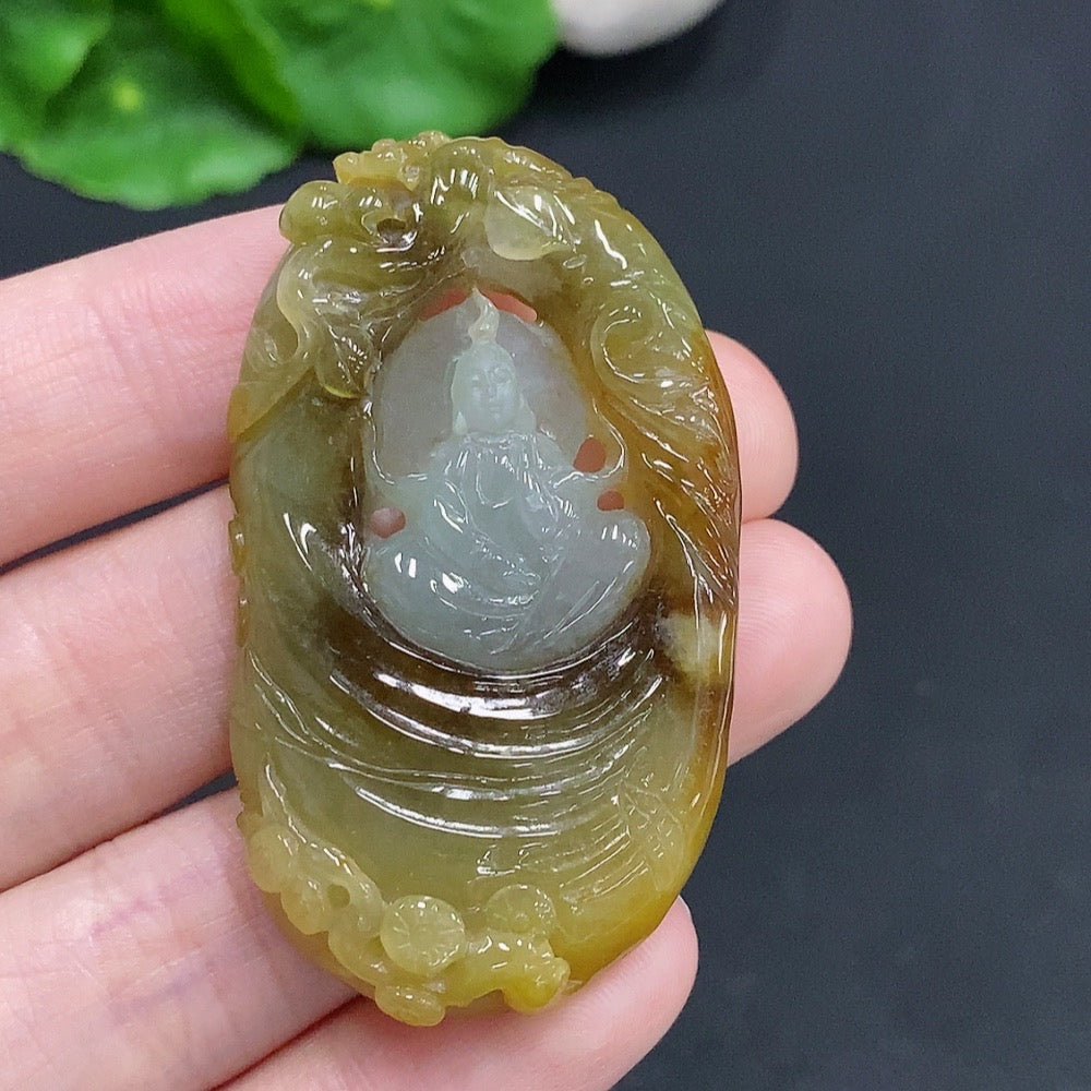 Jadeite Guanyin Pendant Total Weight: Approx. 22.4g Color Origin Undetermined