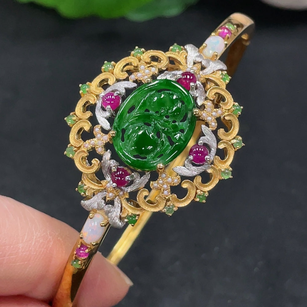 Jadeite inlaid bracelet 18K gold Total product weight approx. 14.4g (with non-A beads)
