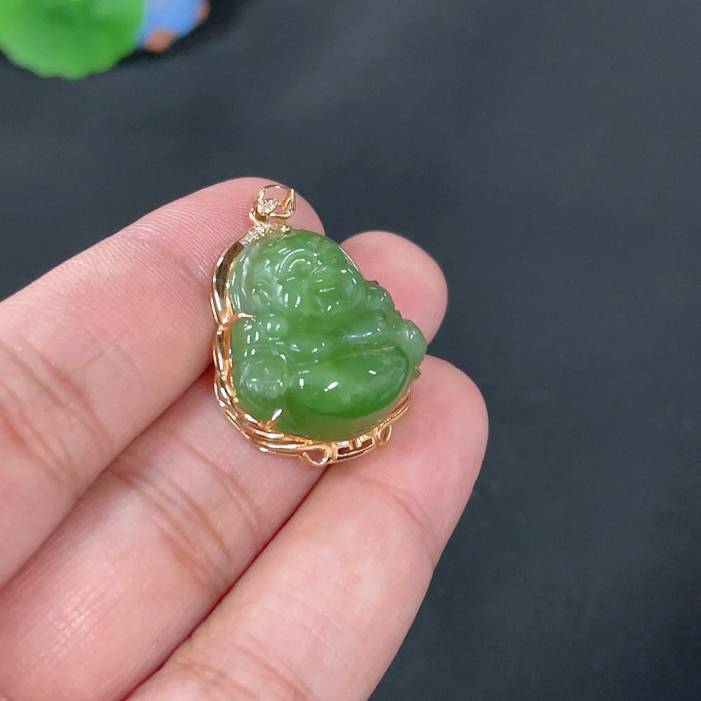Hetian Jade Jasper Inlaid Pendant Buddha Total Weight Approx. 4.9g 18k Diamond Accents