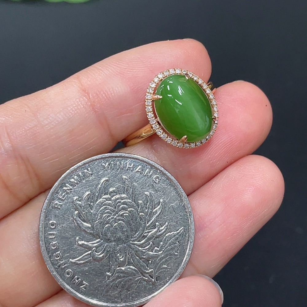 Hetian Jade Jasper Cabochon Inlaid Ring with 18k Gold, Accented with Diamonds