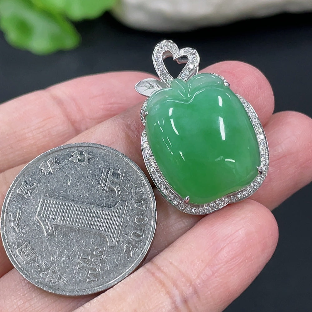 Jadeite Apple Pendant Set in 18K Gold with Diamond Accents, Total Weight Approx. 6.39g