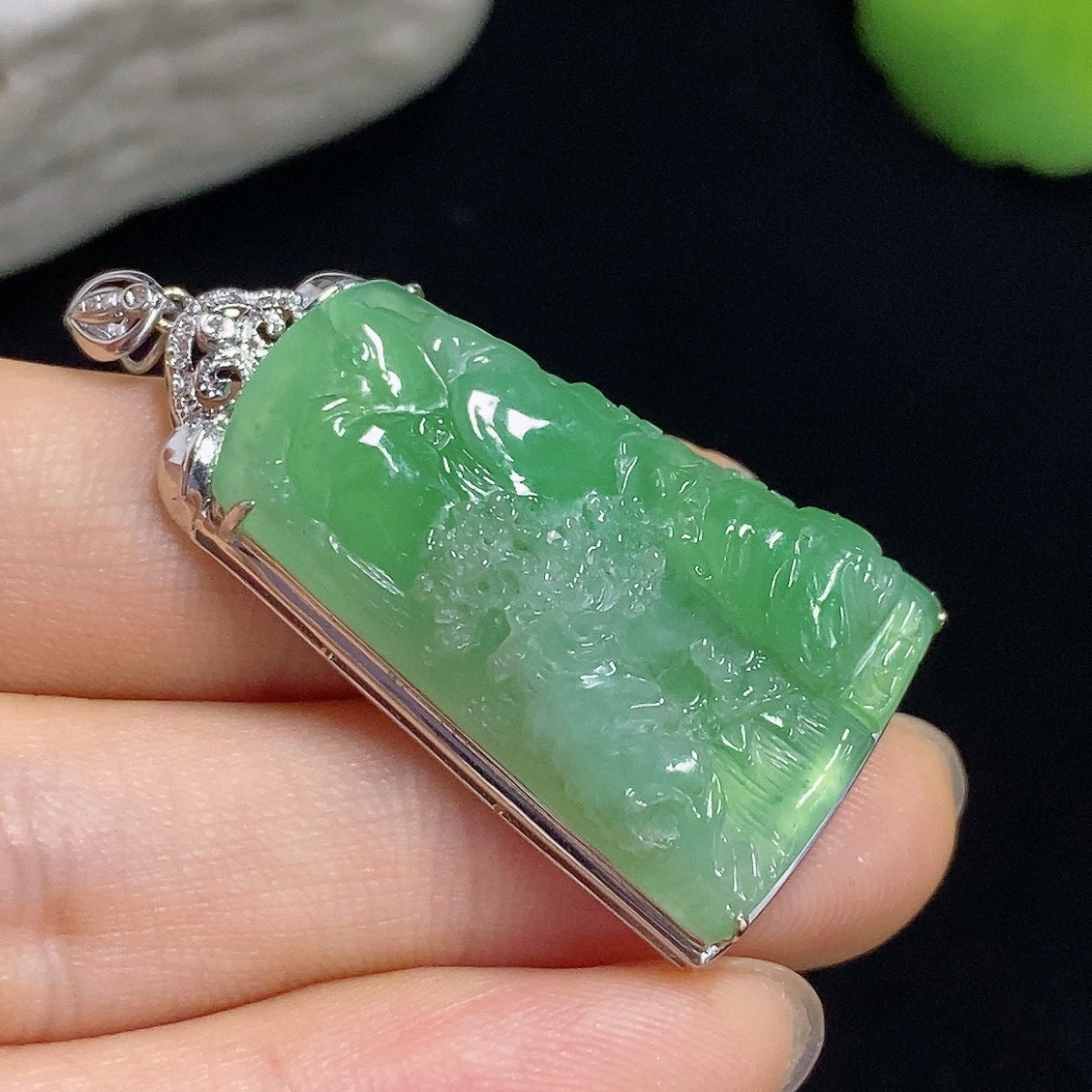 Jadeite Landscape Inlaid Pendant 18K with Diamond Accents