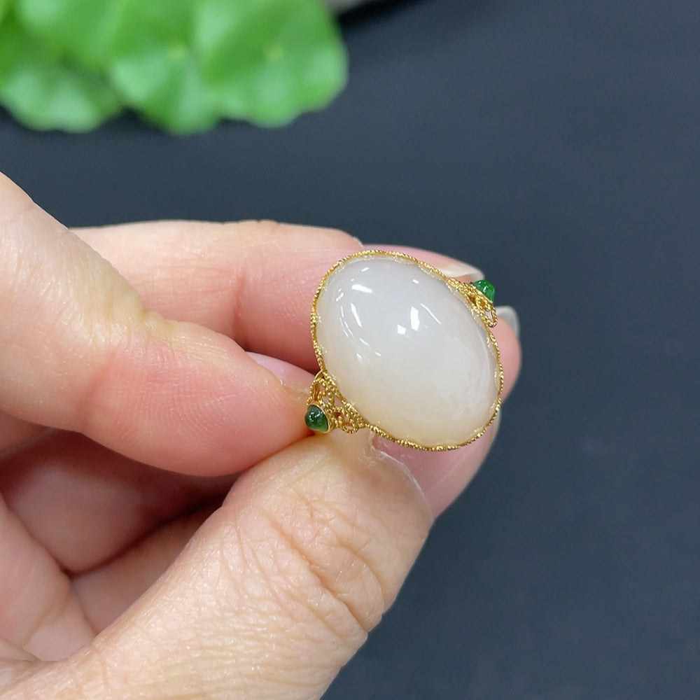 Hetian Jade Cabochon Inlaid Ring, 18k Gold, Size 15, Total Weight Approx. 3.3g