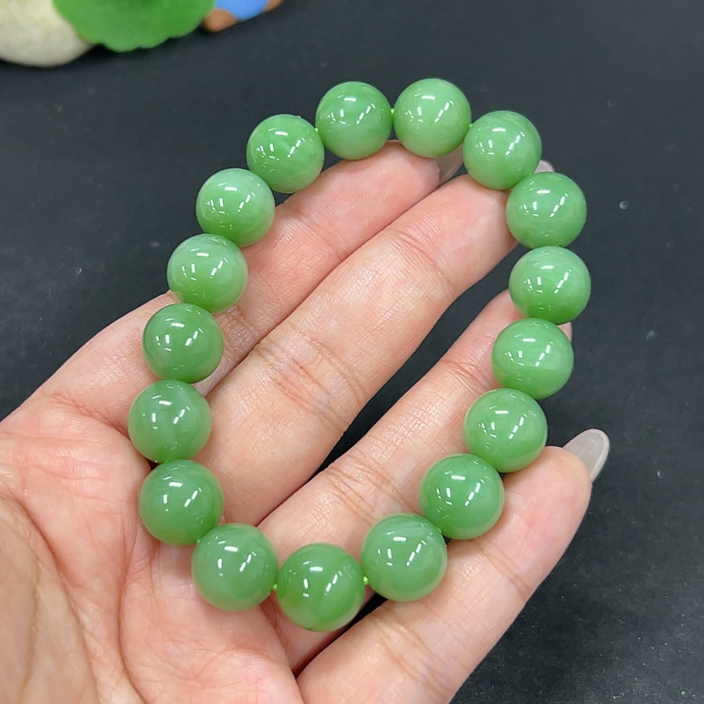 HKHQ Hetian Jade Jasper bracelet with 11.9mm beads and 46.3g weight, featuring smooth, polished jade stones.