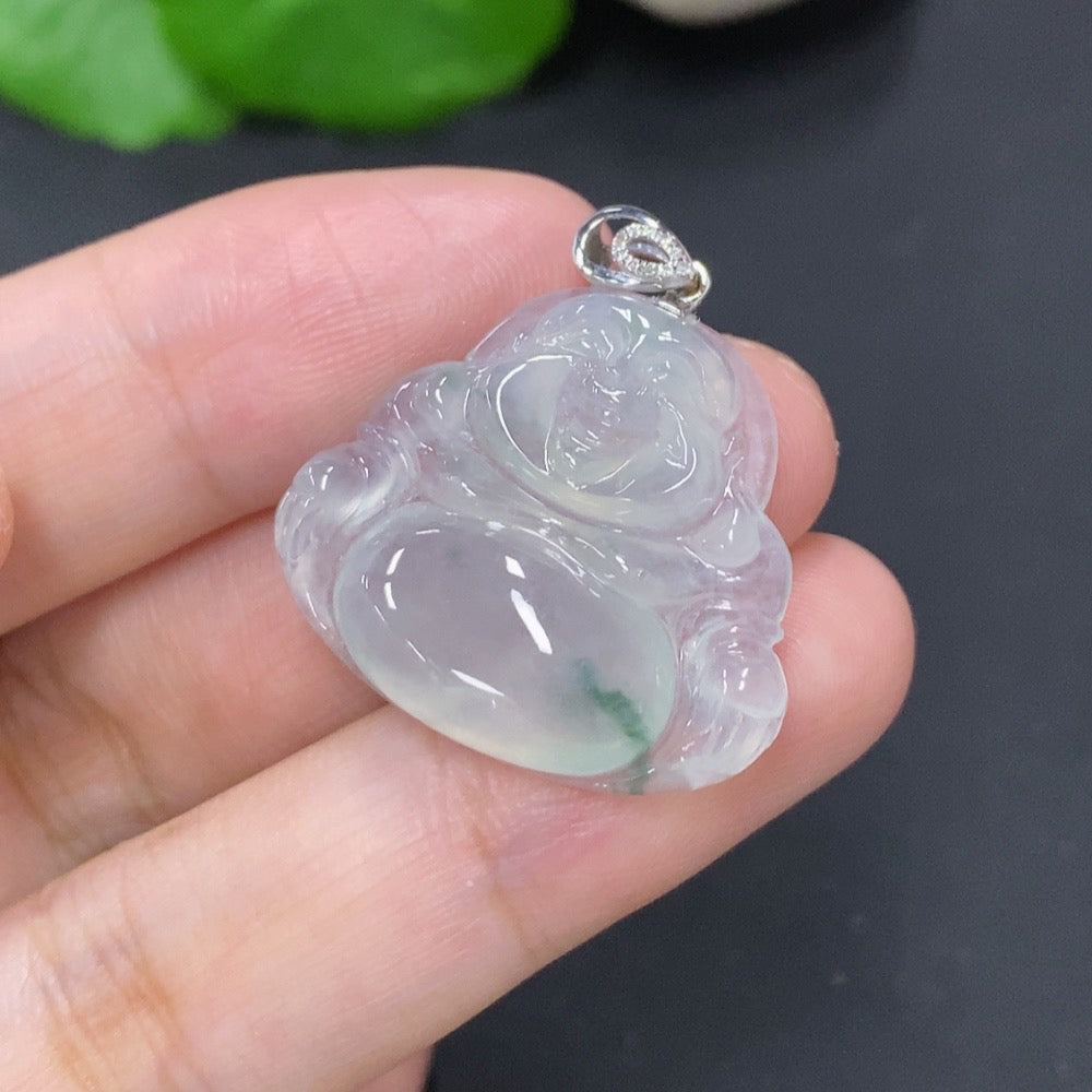Jadeite Buddha Pendant with 18K Gold Clasp, Diamond Accents