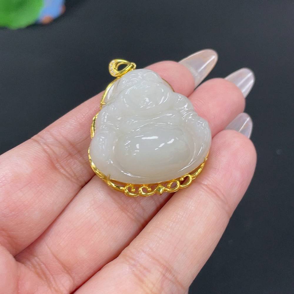 Huiliu HQ Hetian jade inlaid Buddha pendant featuring intricate jade carving and traditional craftsmanship.