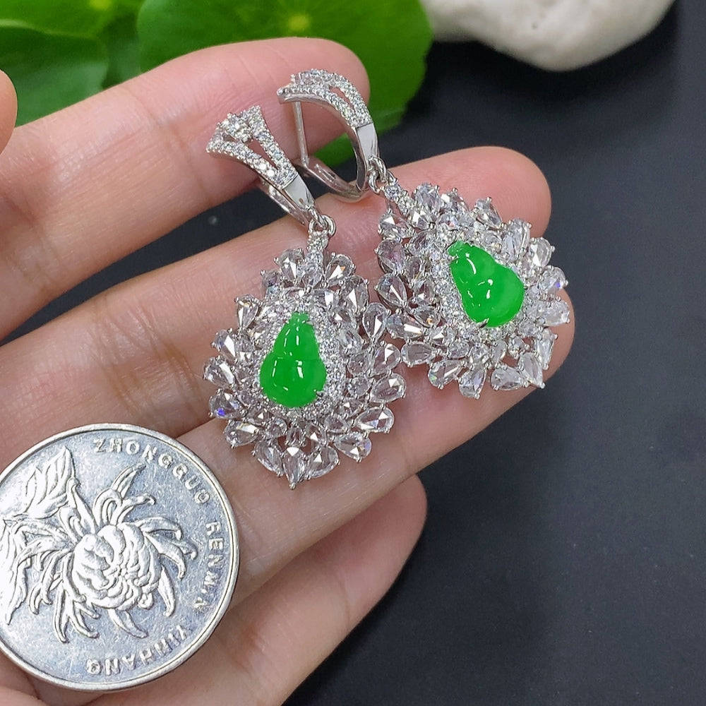 Jadeite Gourd Inlaid Earrings 18K Gold Total Weight Approx. 12.1g (with Diamond Accents)