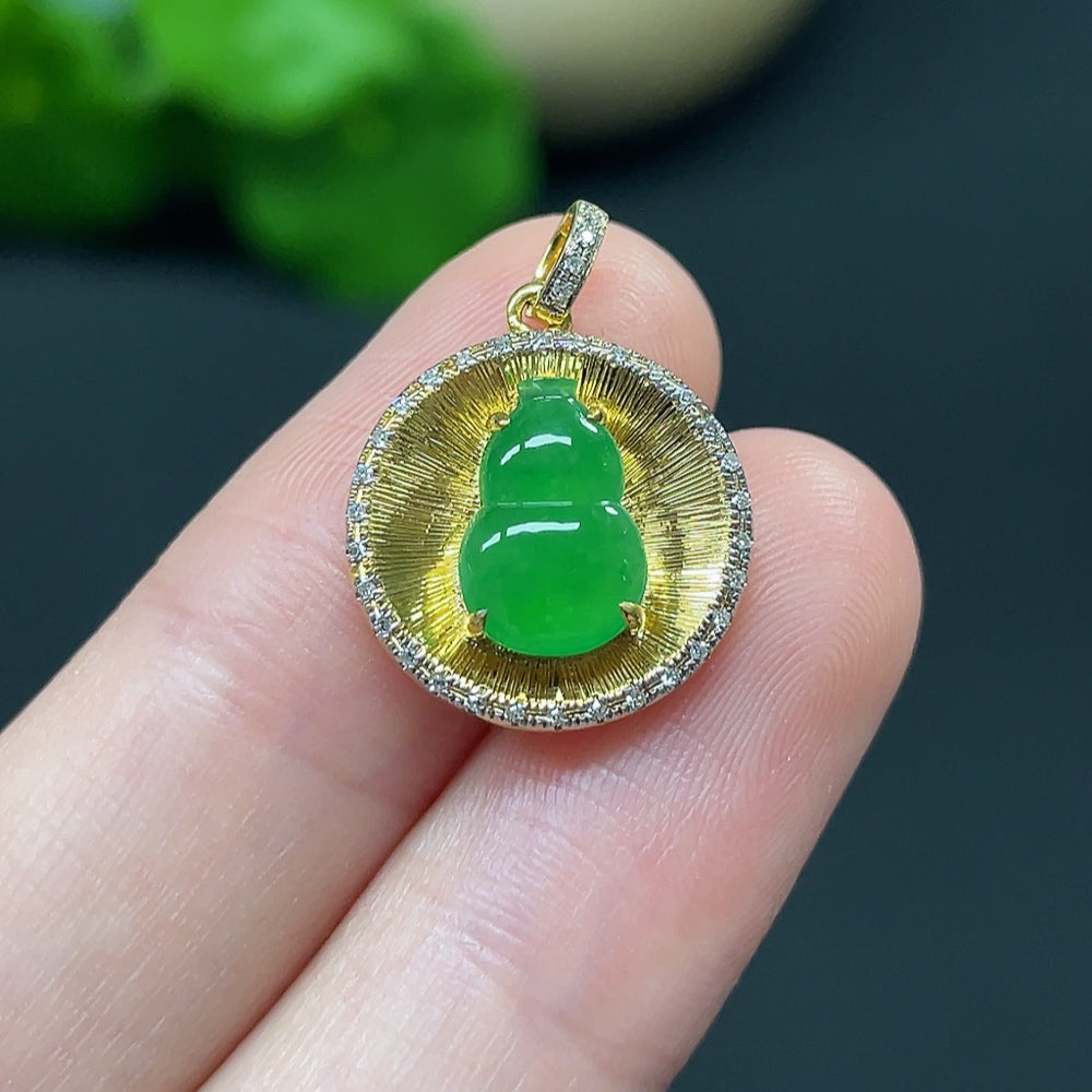 Jadeite Gourd Inlaid Pendant 18k with Diamond Accents