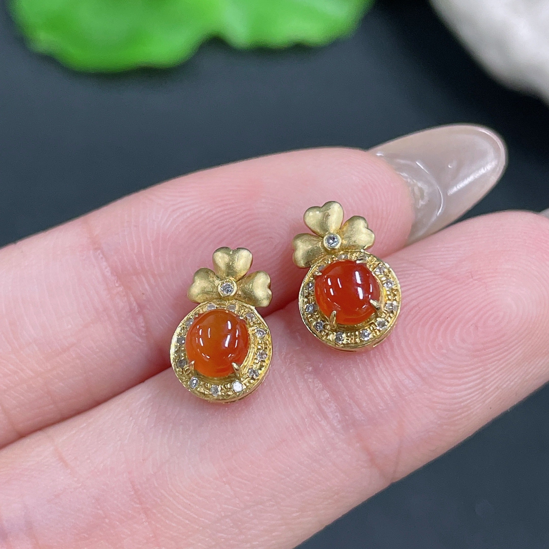 Jadeite Cabochon Earrings with 18K Gold and Diamond Accents, Total Weight Approx. 1.37g (Excluding Ear Studs)