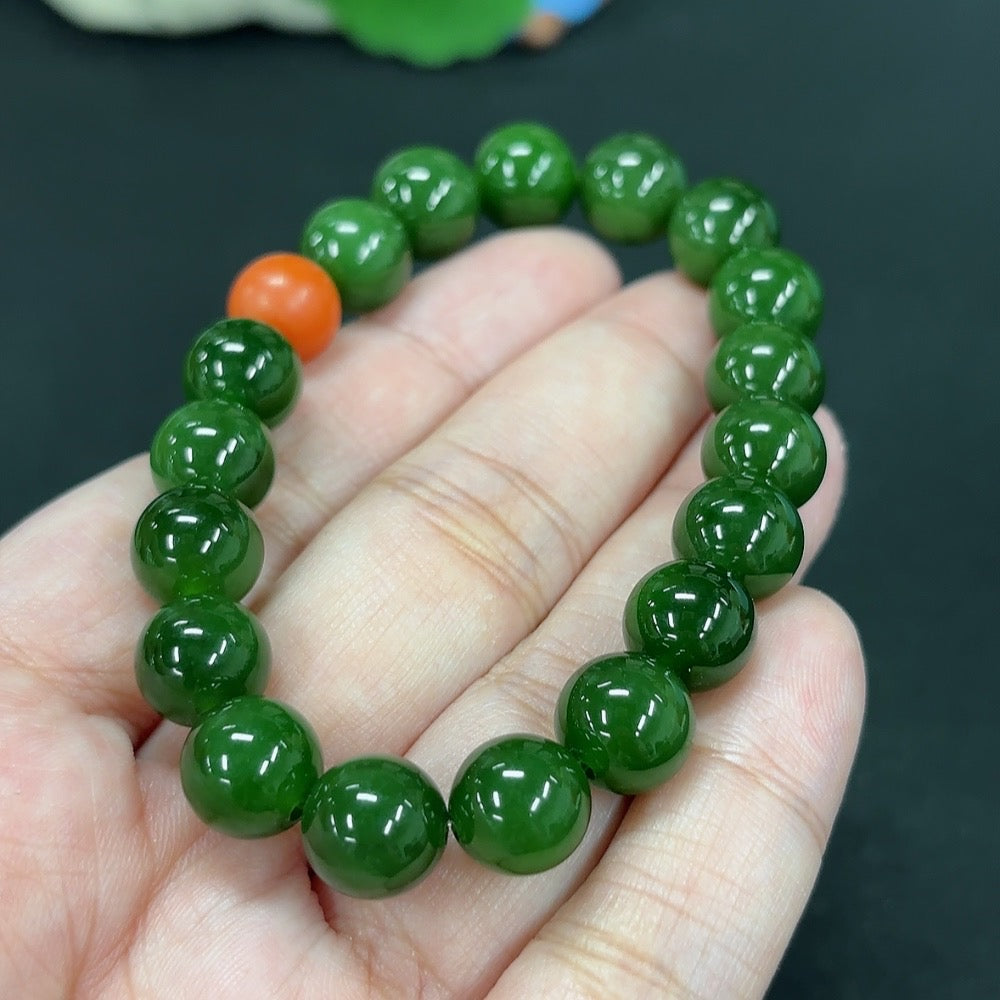 Green Hetian Jade Bracelet, with Southern Red Agate