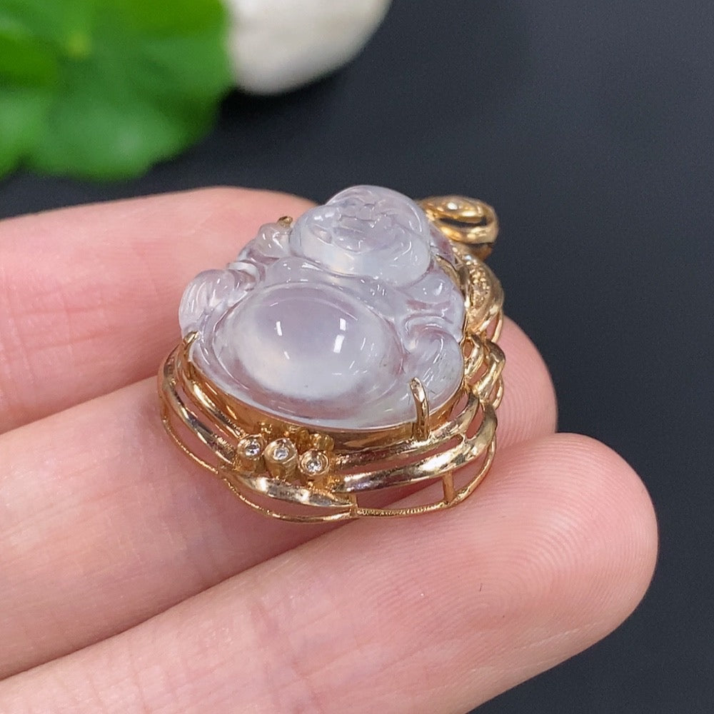 Jadeite Buddha Pendant with 18k Gold, Total Weight Approx. 4g, Diamond Accents
