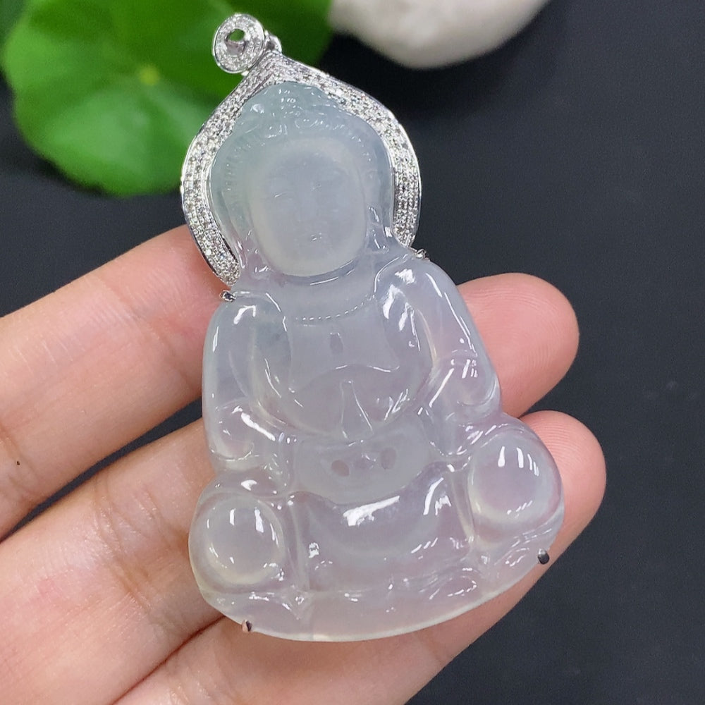 Jadeite Guanyin Inlaid Pendant 18K Gold Total Weight Approx.13.9g (Diamond Accents)